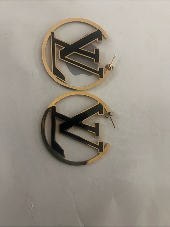 None Jewelry - Gold and Black Monogram Hoop Earrings - Designer Style